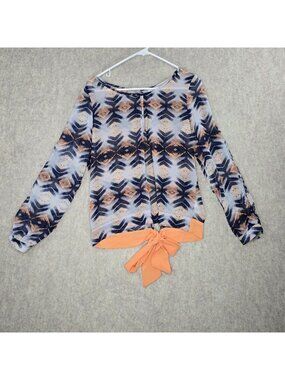 Umgee Womens Long Sleeve Tie Hem Blouse Navy/Orange Size S Lightweight Abstract